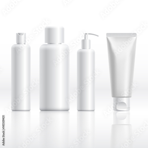 Realistic cosmetic bottle mock up set isolated pack on white background. Cosmetic brand template. Shampoo pack.