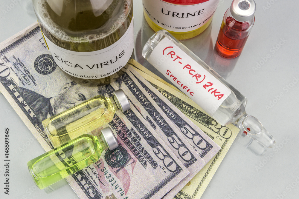 Tests for Research of ZIKA test and vials on tickets of dollar Americans, concept of pharmaceutical copayment