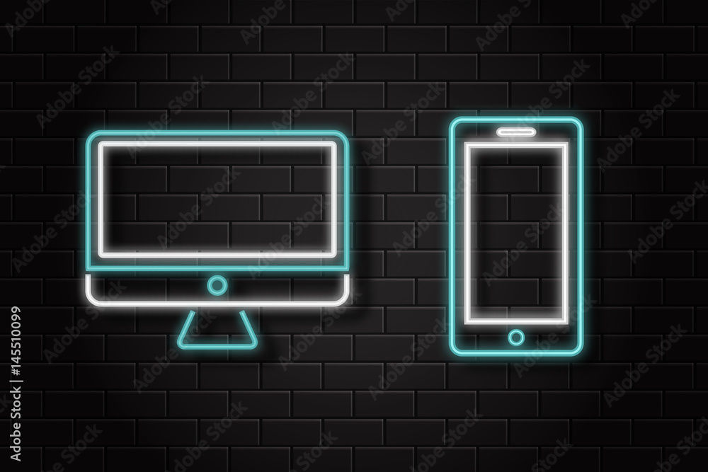 Vector isolated computer and phone neon sign on the wall background. Concept of electronics market and computer shop. Vector isolated computer and phone neon sign on the wall background. Concept of electronics market and computer shop.