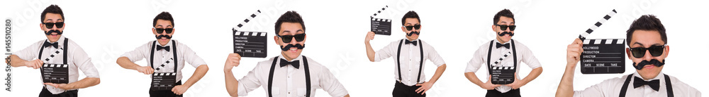 Whiskered man with clapperboard holding isolated on white Whiskered man with clapperboard holding isolated on white
