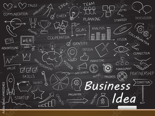Chalk hand drawing with business idea word and icon. Vector illustration.