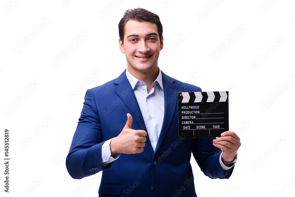 Handsome man with movie clapper isolated on white Handsome man with movie clapper isolated on white