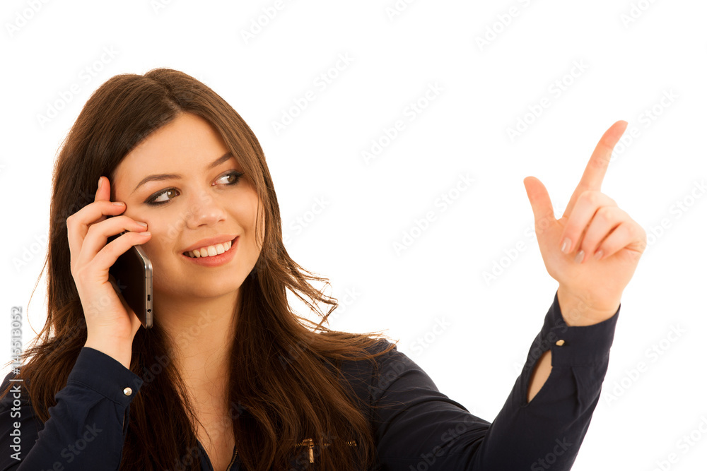 attractive young woman pointing to copy space isolated over white background attractive young woman pointing to copy space isolated over white background