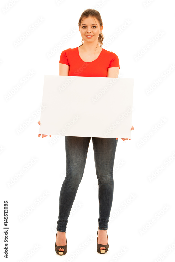 young woman holding white board isolated over white background young woman holding white board isolated over white background