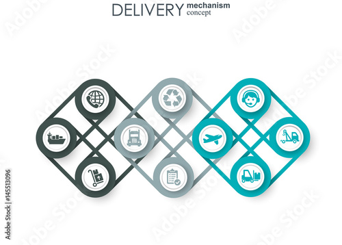 Delivery mechanism concept. Abstract background with connected gears and icons for logistic, service, strategy, shipping, distribution, transport, market, communicate concepts. Vector interactive.