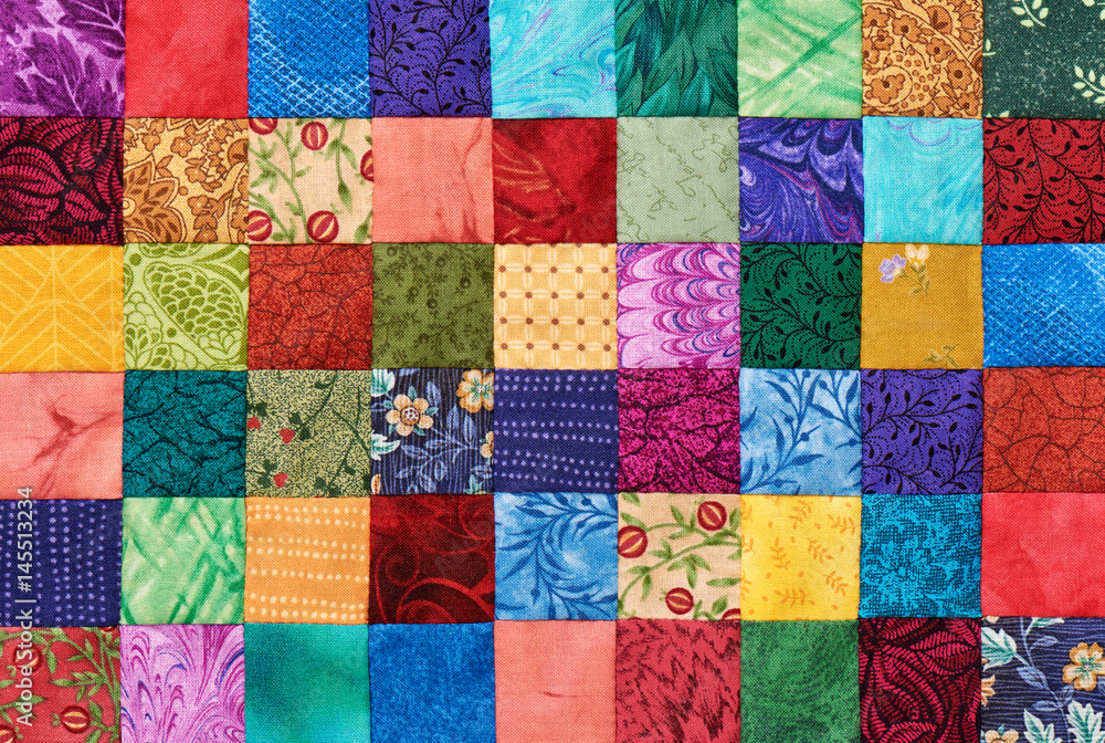 Colorful detail of quilt sewn from square pieces - obrazy, fototapety, plakaty 