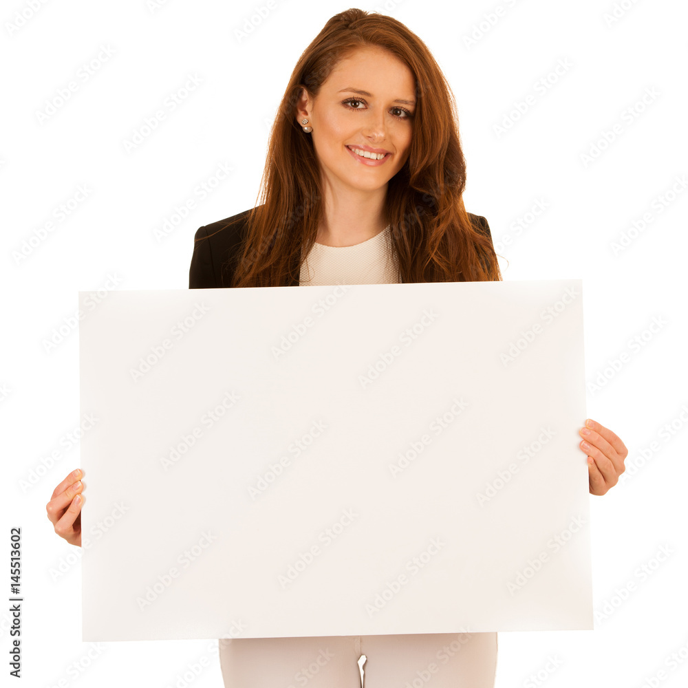 attractive business woman holding white banner with copy spave for additional text or graphic isolated over white attractive business woman holding white banner with copy spave for additional text or graphic isolated over white