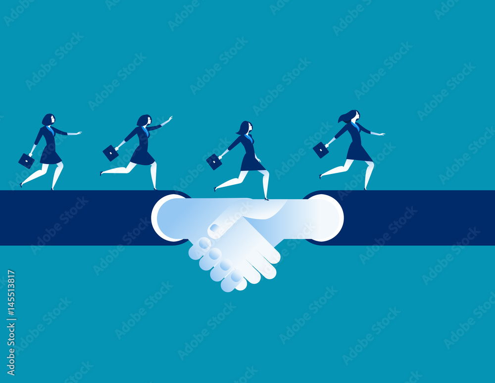 Obraz premium Agreement and hand shake. Business woman running on a hand shake. Concept business success illustration. Vector cartoon character.