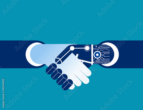 Business human and robot hands shake. Concept business artificial intelligence illustration. Vector technology.