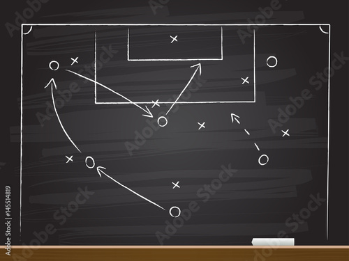 Chalk hand drawing with soccer game strategy. Vector illustration.