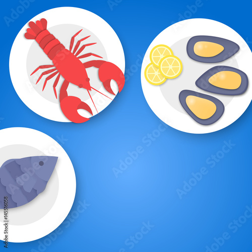 Cooked fish, lobster and mussels on plate. Seafood on blue background