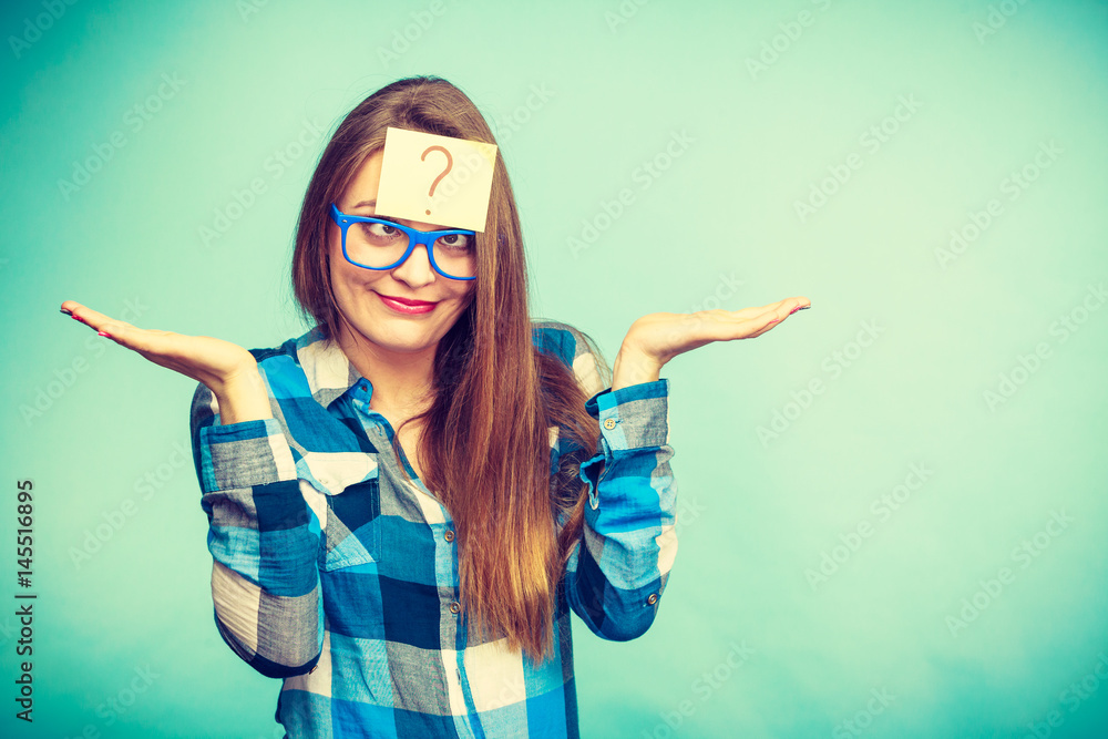 Thinking woman with big eyeglasses and light bulb Thinking woman with big eyeglasses and light bulb