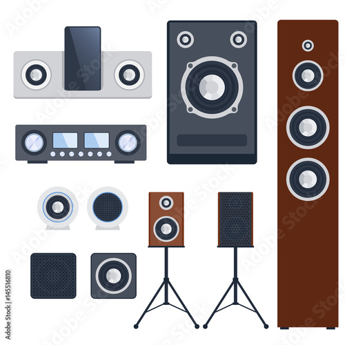 Home sound system stereo flat vector music loudspeakers player subwoofer equipment technology.