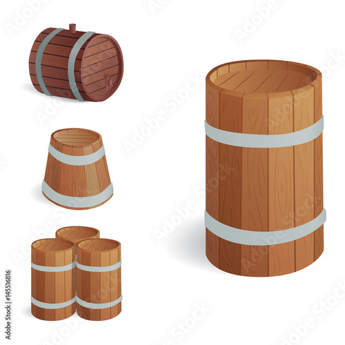 Wooden barrel vintage old style oak storage container and brown isolated retro liquid beverage object fermenting distillery cargo drum lager vector illustration.