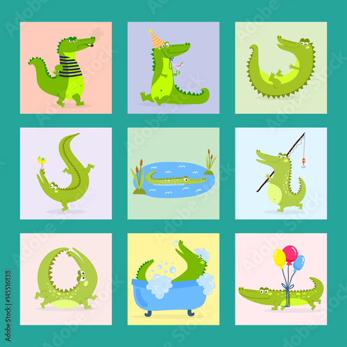 Cartoon green crocodile funny predator australian wildlife river reptile alligator flat vector illustration.