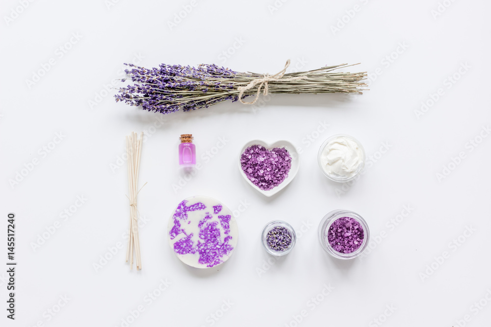 lavender flowers in organic cosmetic set on white background top view mock-up lavender flowers in organic cosmetic set on white background top view mock-up