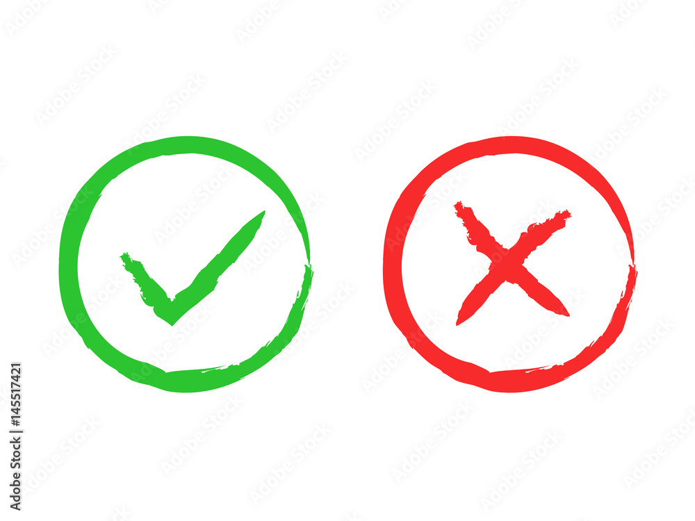 Thin line check mark icons. Green tick and red cross checkmarks flat ...