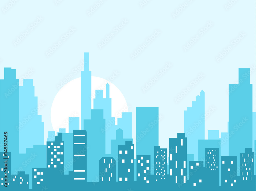 City skyline vector illustration. Urban landscape. Blue city silhouette. Cityscape in flat style. Modern city landscape. Cityscape backgrounds. Daytime city skyline.