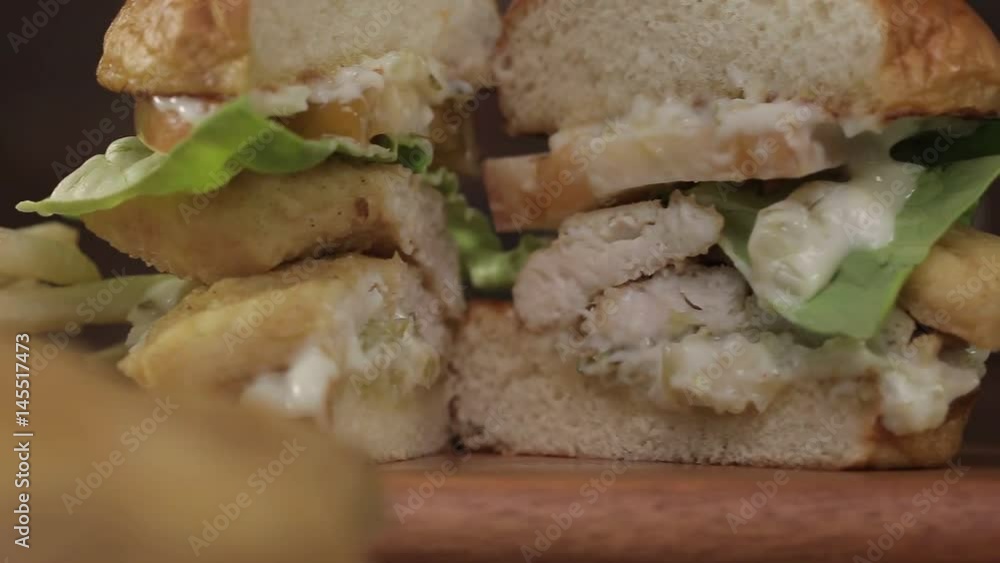 Fish Fillet Burger Sliced Close up - Display - Slider - Left To Right With Focus Pull Fish Fillet Burger Sliced Close up - Display - Slider - Left To Right With Focus Pull
