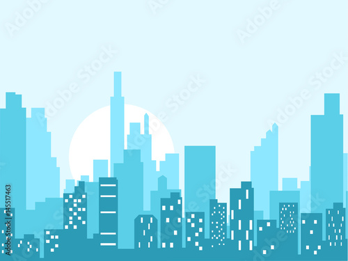 City skyline vector illustration. Urban landscape. Blue city silhouette. Cityscape in flat style. Modern city landscape. Cityscape backgrounds. Daytime city skyline.