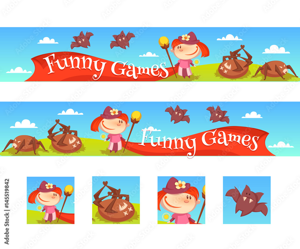 Obraz premium Vector illustration of the layout of a game banner with the girl, spiders and bats