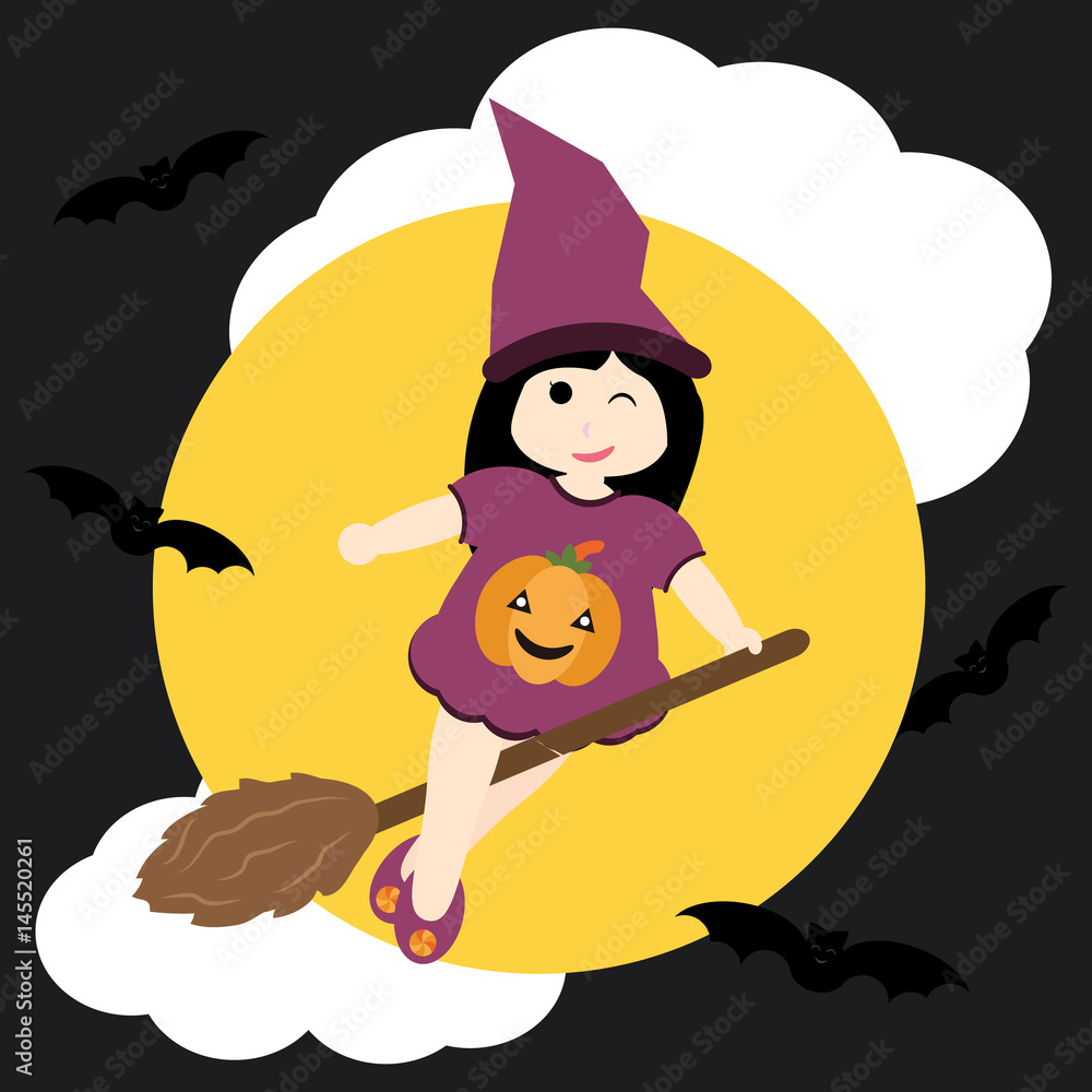 Cute girl as witch and bat on night sky background vector cartoon,  Halloween postcard, wallpaper, and greeting card, T-shirt design for kids  Stock Vector | Adobe Stock
