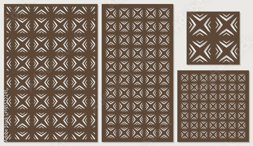 Set of decorative panels laser cutting. a wooden panel. Ethnic national repeating pattern in square shapes. The ratio 2:3, 1:2, 1:1, seamless. Vector illustration.