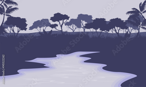 River scenery with forest silhouette