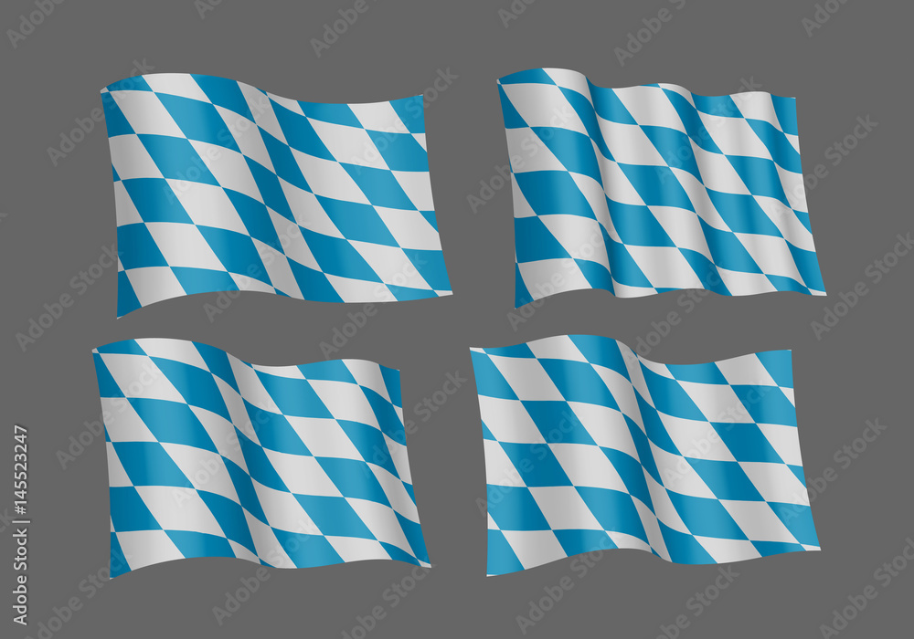Bavarian official flag, symbol, banner, element. Oktoberfest checkered background with blue and white rhombus. Correct colors. Flag of Bavaria waving on white background, vector illustration