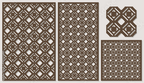 Set of decorative panels laser cutting. a wooden panel. Modern elegant classic square pattern allover. The ratio 2:3, 1:2, 1:1, seamless. Vector illustration