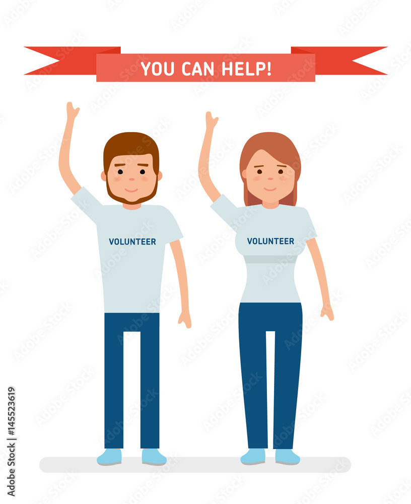 Fototapeta premium A young volunteers. The young man and the girl raised her arms and smiling. Social projects to help people. Flat vector illustration
