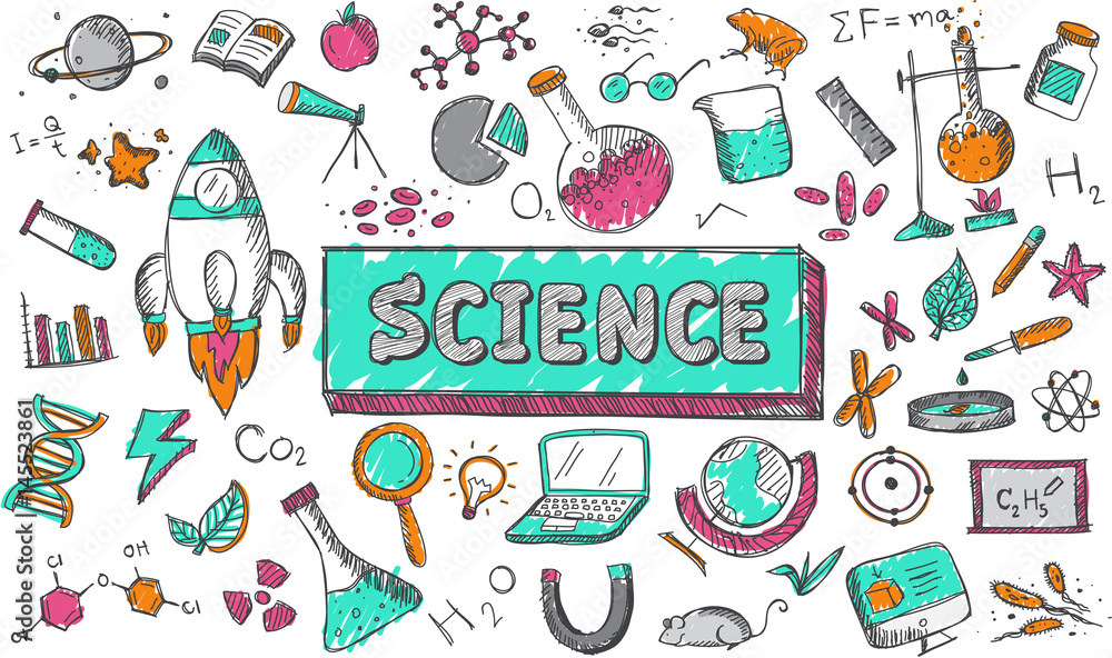 Science chemistry physics biology and astronomy education subject doodle icon. Doodle for presentation title or school education promotion in fundamental science concept, create by vector