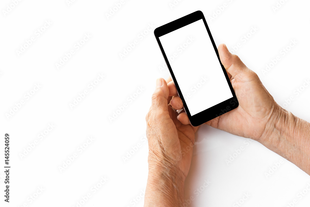 older person, hand holding smartphone white screen on white background older person, hand holding smartphone white screen on white background