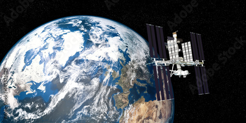 Fototapeta Naklejka Na Ścianę i Meble -  Extremely detailed and realistic high resolution 3D image of ISS - international space station orbiting Earth. Shot from outer space. Elements of this image are furnished by NASA.