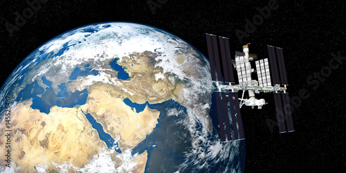 Fototapeta Naklejka Na Ścianę i Meble -  Extremely detailed and realistic high resolution 3D image of ISS - international space station orbiting Earth. Shot from outer space. Elements of this image are furnished by NASA.