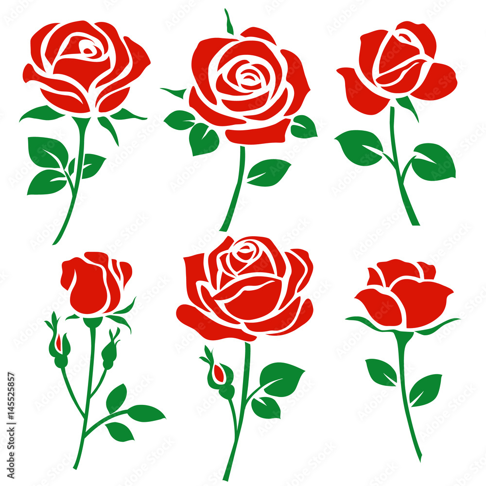 Fototapeta premium Set of decorative red rose silhouette with green leaves. Vector illustration. Flower icon
