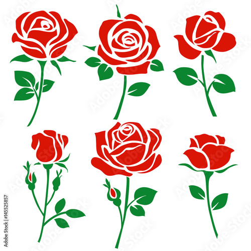 Set of decorative red rose silhouette with green leaves. Vector illustration. Flower icon