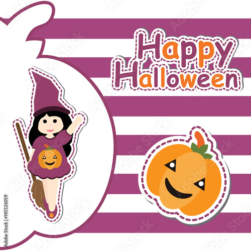 Cute girl as witch and pumpkin on striped background vector cartoon, Halloween postcard, wallpaper, and greeting card, T-shirt design for kids