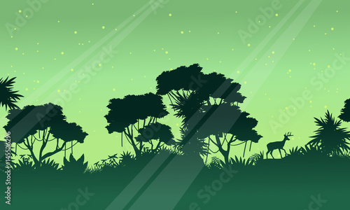 Scenery jungle on green background silhouettes