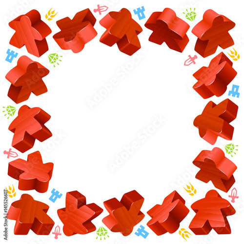 Square frame of red meeples for board games. Game pieces and resources counter icons isolated on white background. Vector border for design boardgames advertisement or template of geek t-shirt print