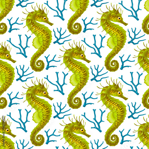 Vector Seamless Pattern whith Seahorse. Green Thorny Hippocampus and Blue Coral Isolated on White Background. Use for Sea Wallpaper, Gift Wrap or Wrapping Paper