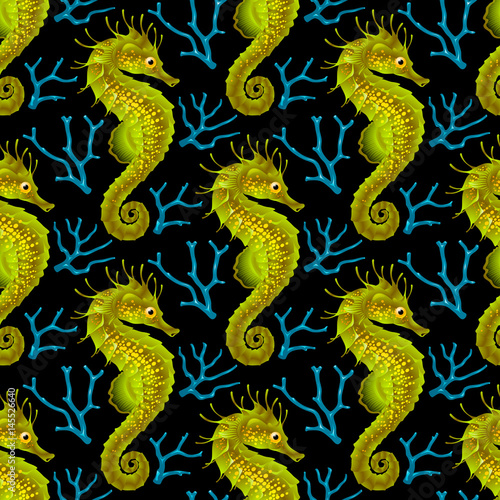 Vector Seamless Pattern whith Seahorse. Green Thorny Hippocampus and Blue Coral Isolated on Black Background. Use for Sea Wallpaper, Gift Wrap or Wrapping Paper