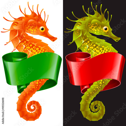 Vector Thorny Seahorse is Wrapped in Swirl Ribbon. Set of Hippocampus and Banner Frame Isolated on Background. Colorful Horse Fish Icon for Beach Party, Sea Vacation, Tourism, Diving, Restaurants