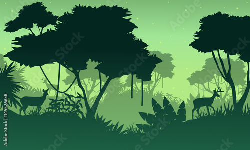 Landscape of jungle with deer silhouette