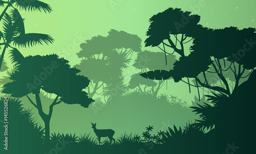 Beauty landscape jungle with deer silhouette