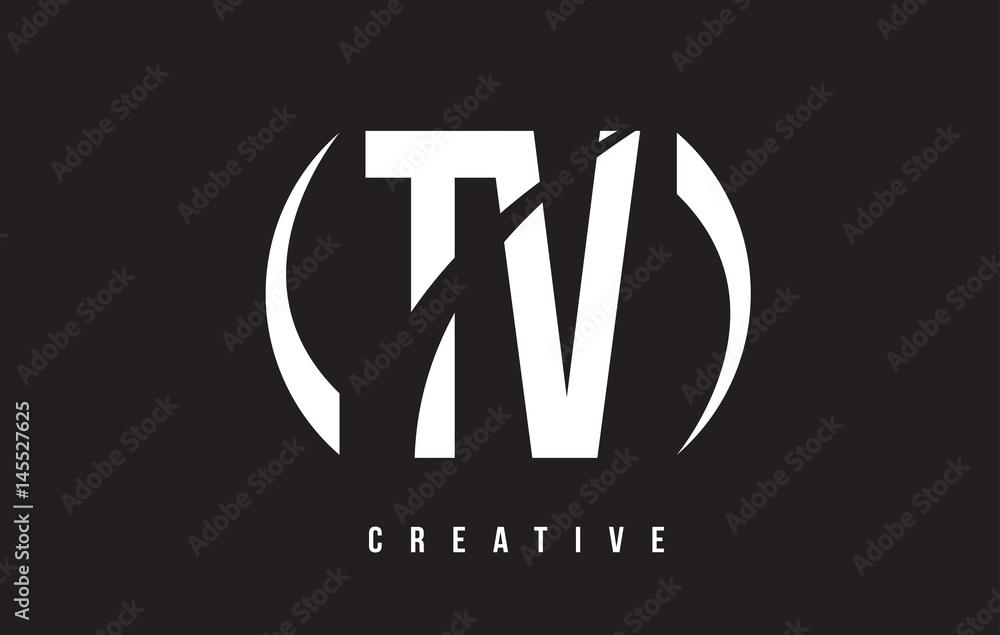 TV T V White Letter Logo Design with Black Background.