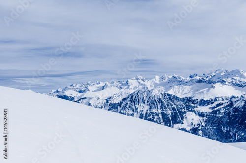 Alpine Alps mountain landscape. Panorama of Snow Mountain