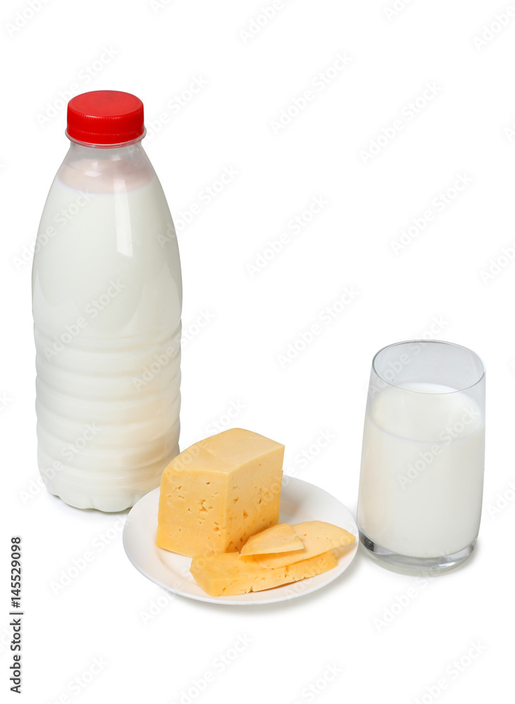 Cheese with milk on white background Cheese with milk on white background