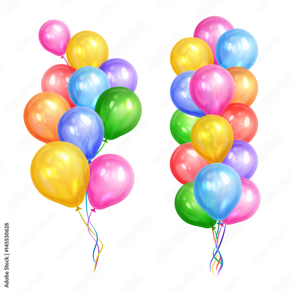 Bunches of colorful helium balloons isolated on white background. Party decorations for birthday, anniversary, celebration. Vector illustration. Bunches of colorful helium balloons isolated on white background. Party decorations for birthday, anniversary, celebration. Vector illustration.