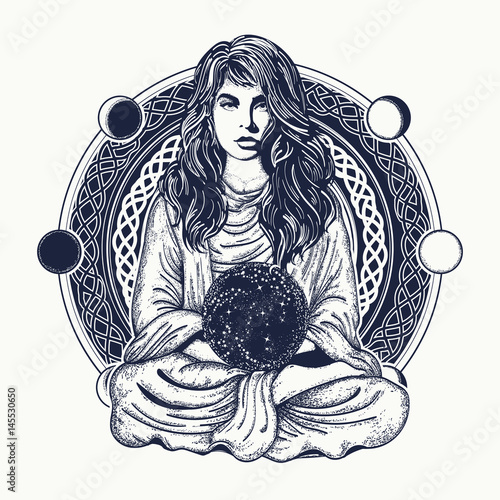 Woman meditation tattoo art. Girl in lotus pose. Symbol meditation, philosophy, astrology, magic, yoga. Meditating woman and crystal sphere t-shirt design